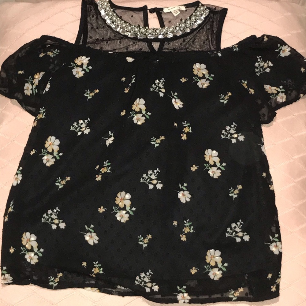 Off the shoulder black flower blouse